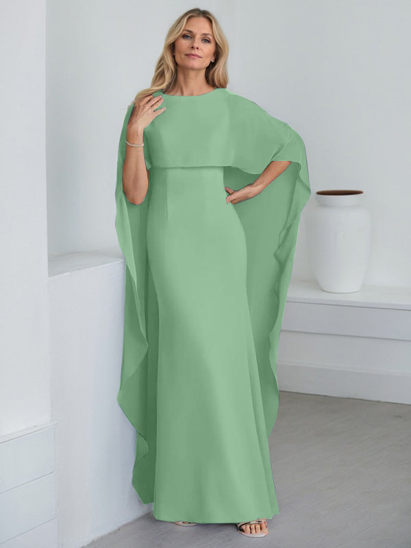 Bodenlanges Etui-Kleid aus Chiffon mit U-Ausschnitt und kaskadierenden Rüschen