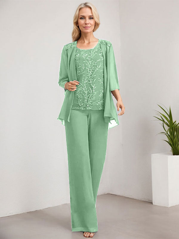Separates Jumpsuit/Pantsuit Scoop Floor-Length Lace Chiffon Mother of the Bride Dress With Sequins