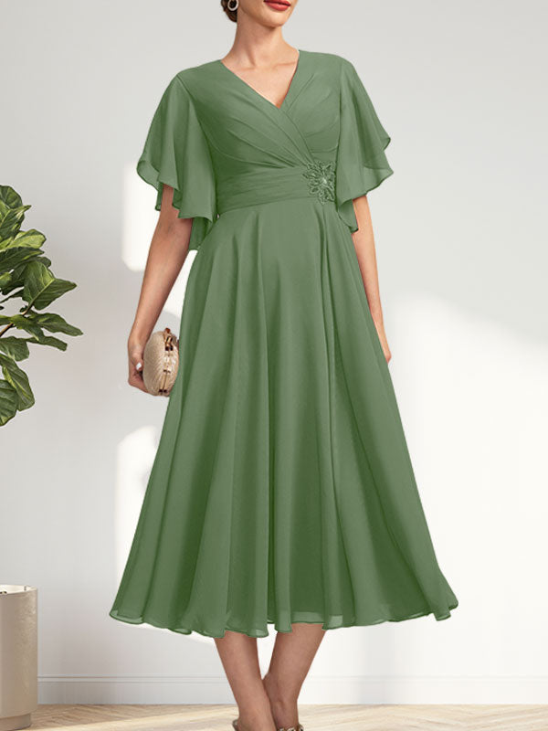 A-line V-Neck Tea-Length Chiffon Mother of the Bride Dress With Pleated Beading