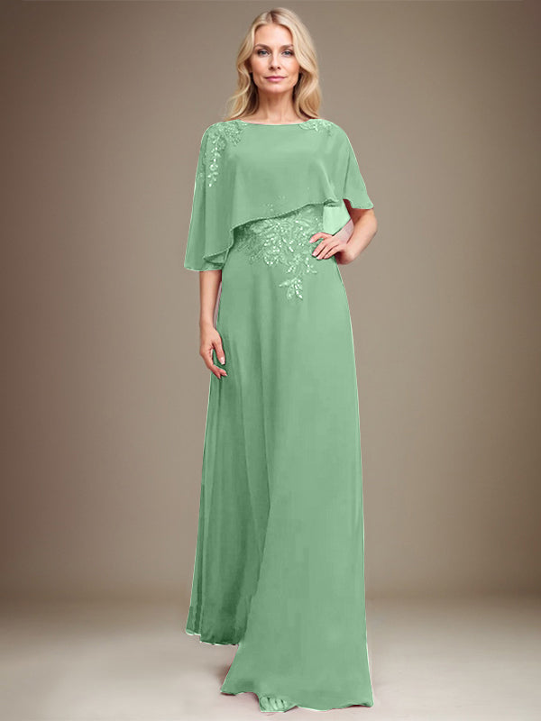 A-Linie U-Ausschnitt Bodenlang Chiffon Spitze Kleid für die Brautmutter mit Pailletten und Perlen