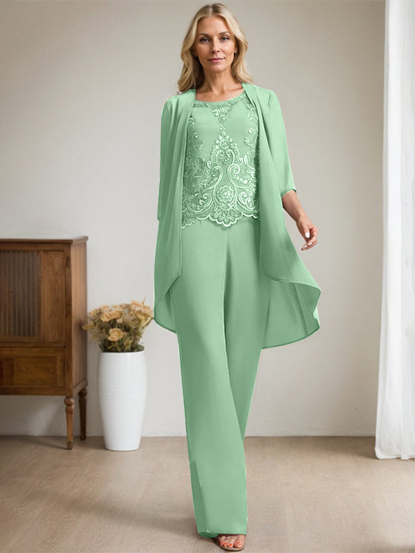 Separates Jumpsuit/Hosenanzug, U-Ausschnitt, bodenlanges Chiffon-Spitzenkleid für die Brautmutter mit Perlen und Pailletten