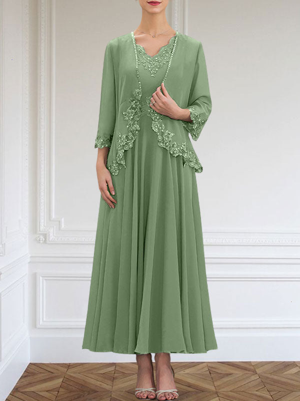 A-line V-Neck Ankle-Length Chiffon Mother of the Bride Dress With Sequins Appliques Lace Beading