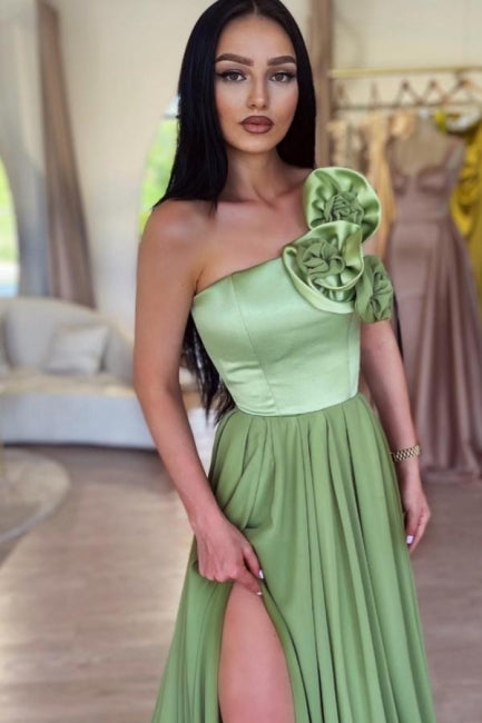 Sage One-Shoulder High Split Prom Dress With Court Train