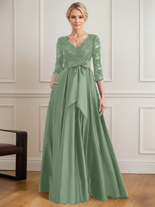 A-Linie V-Ausschnitt Bodenlanges Satin-Spitzenkleid für die Brautmutter mit Paillettenschleife