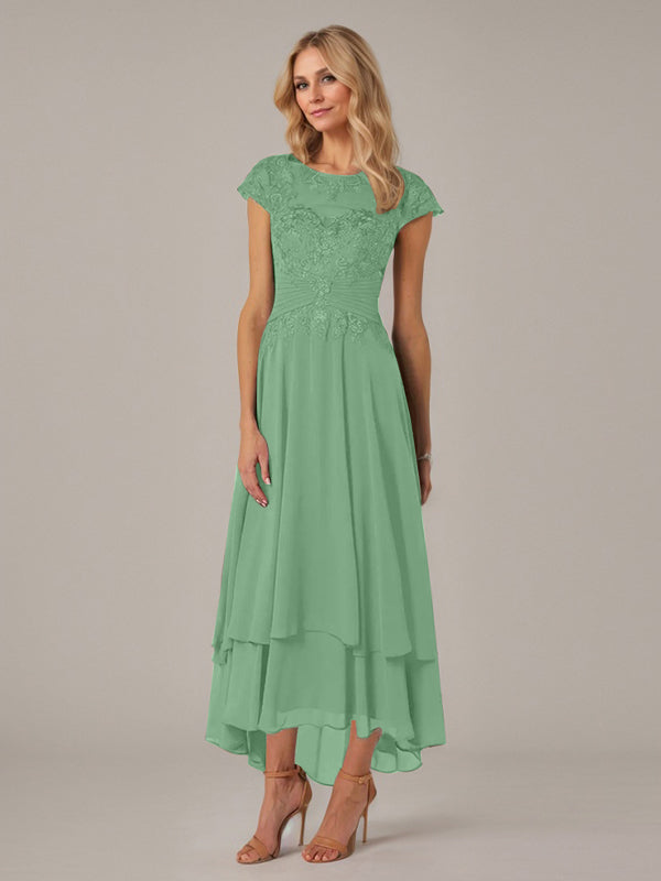 A-Linie, U-Boot-Ausschnitt, Illusion, asymmetrisches Chiffon-Spitzenkleid für die Brautmutter mit applizierten Falten