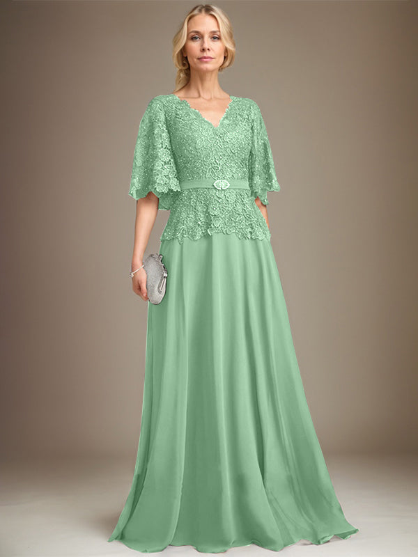 A-Linie V-Ausschnitt Bodenlanges Chiffon-Spitzenkleid für die Brautmutter mit Kristallbrosche und Strass
