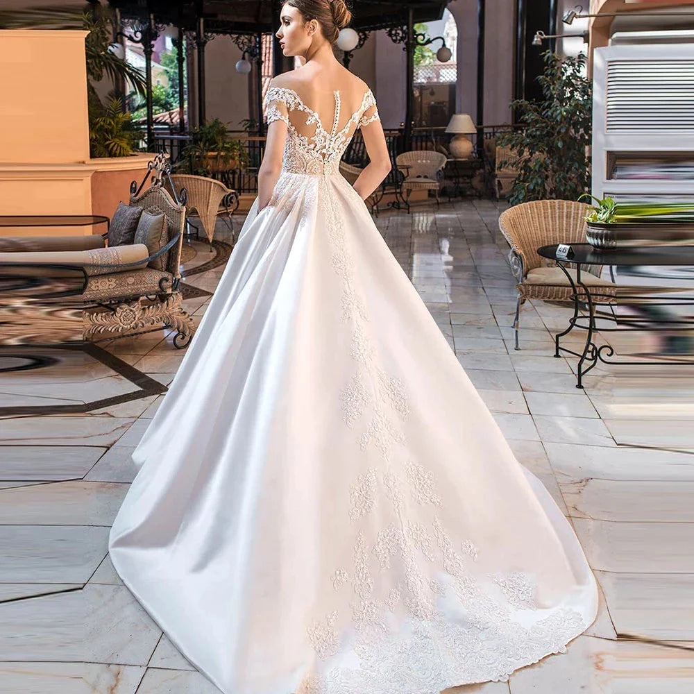 Satin A-Line Decal Wedding Dresses Women's Sweetheart Off Shoulder Button Backless Robe De Marée Lace Bridal Gowns With Pockets-payinti