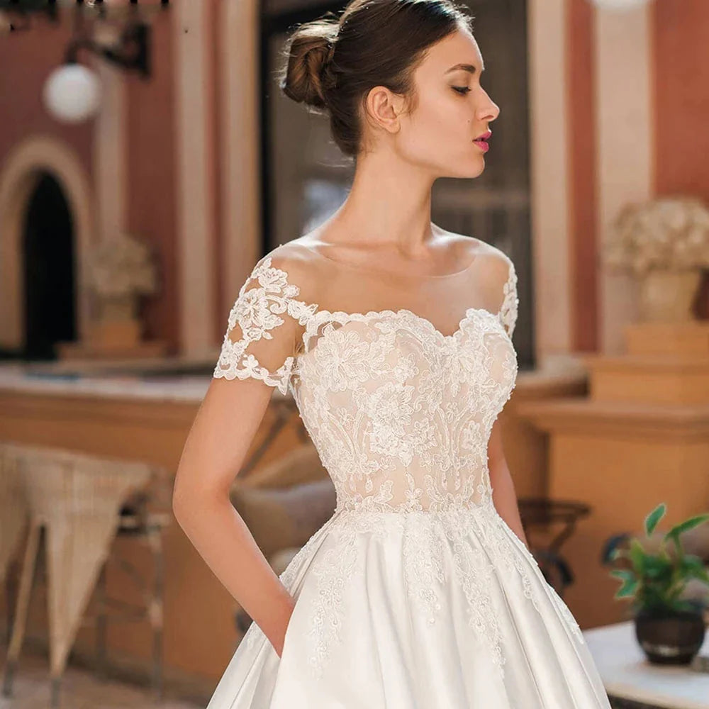 Satin A-Line Decal Wedding Dresses Women's Sweetheart Off Shoulder Button Backless Robe De Marée Lace Bridal Gowns With Pockets-payinti