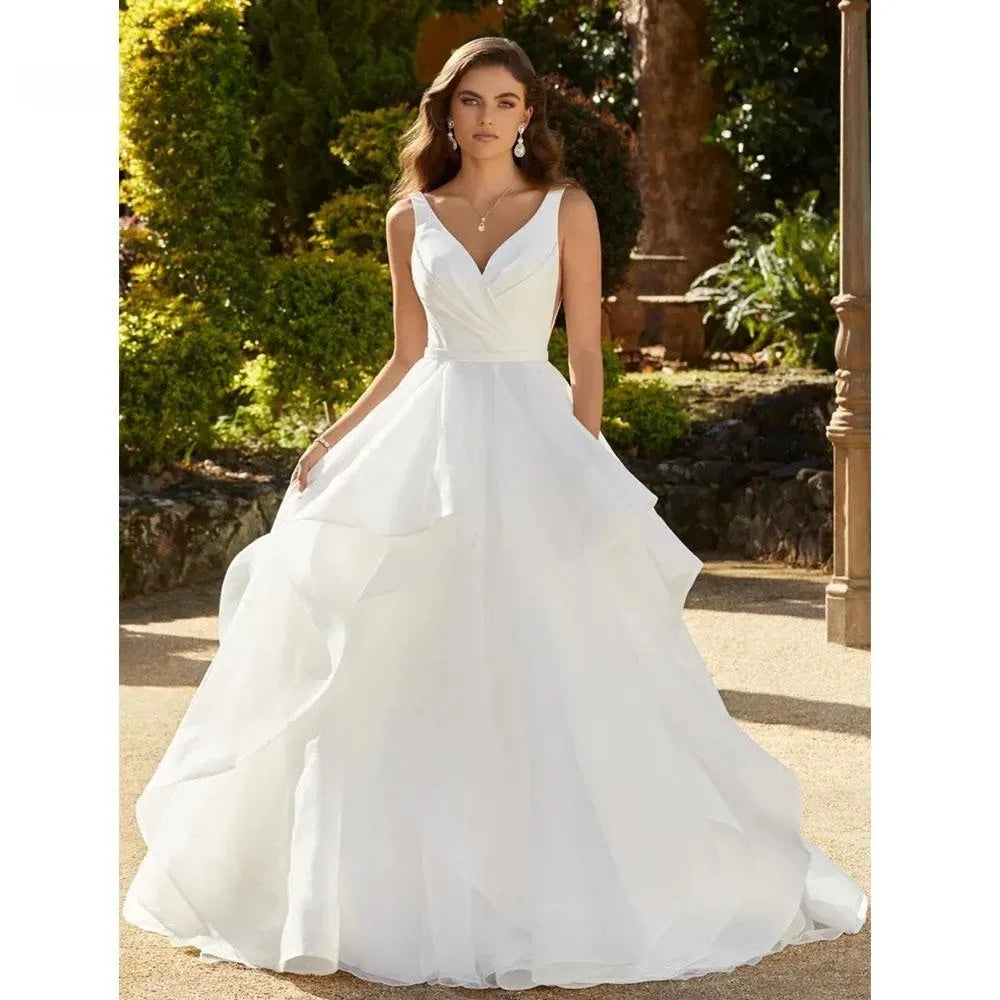 Elegant Ruffles Wedding Dresses For Women V-Neck Backless Bridal Gowns A-Line Sleeveless Vestidos De Novia-payinti