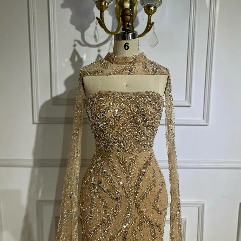 Vestidos de noche de sirena color piel con mangas capa desmontables y espalda con cordones para ocasiones formales LA72824
