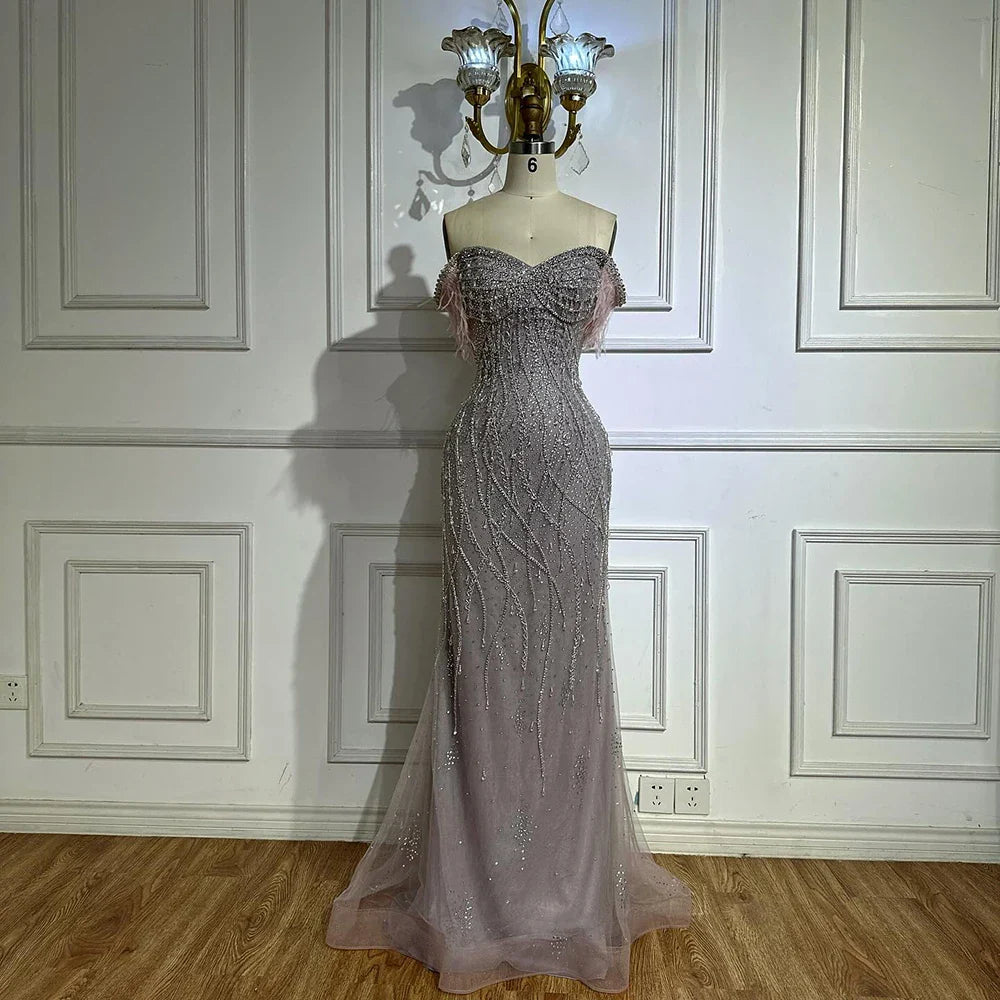 Nude Beaded Mermaid Evening Gown with Feathered Detail for Formal Occasion 2025 LA72818