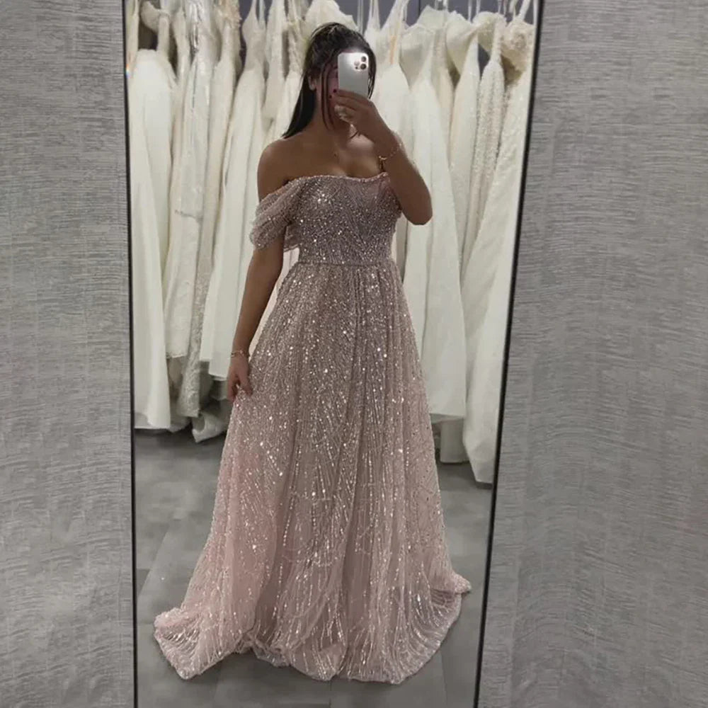 2025 Saudi Nude A Line Off Shoulder Evening Gown with Pearl Beaded Design for Formal Occasion LA72738A
