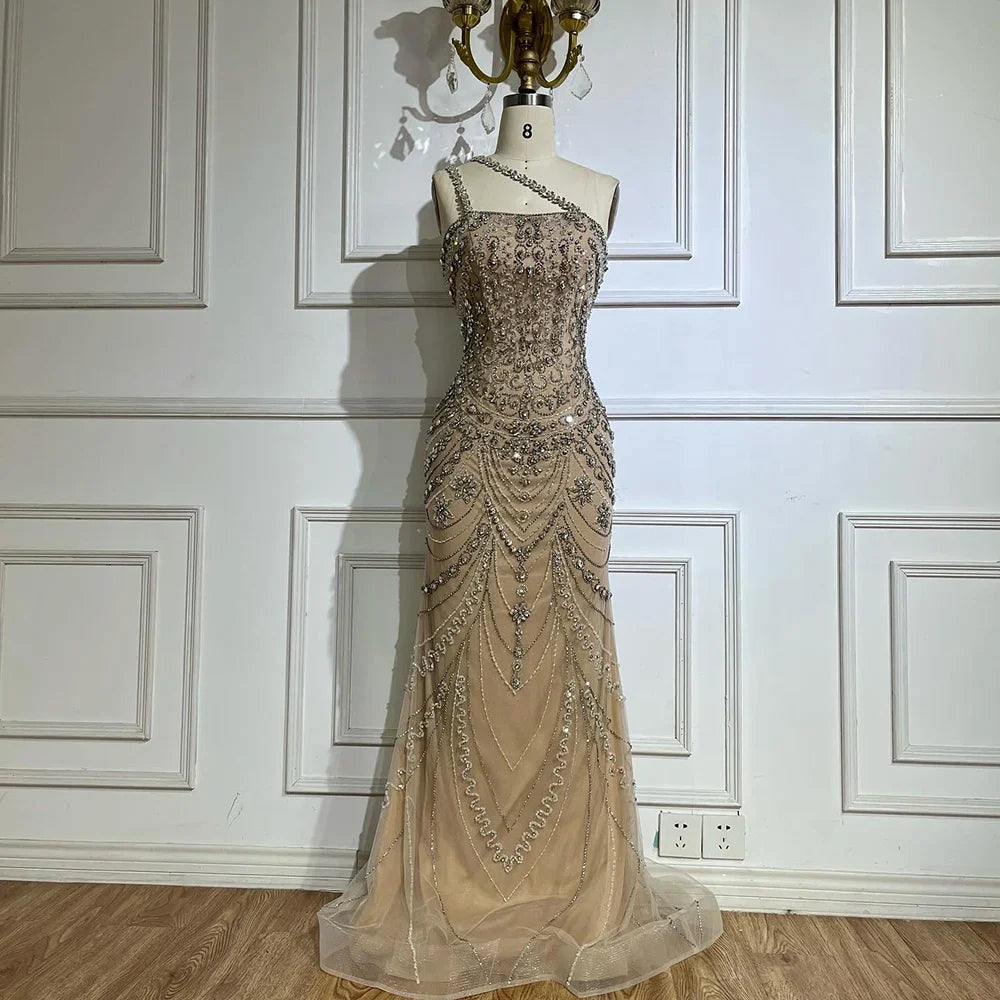 Elegante vestido de noche color piel, con un solo hombro y cuentas, para ocasiones formales 2025 LA72791