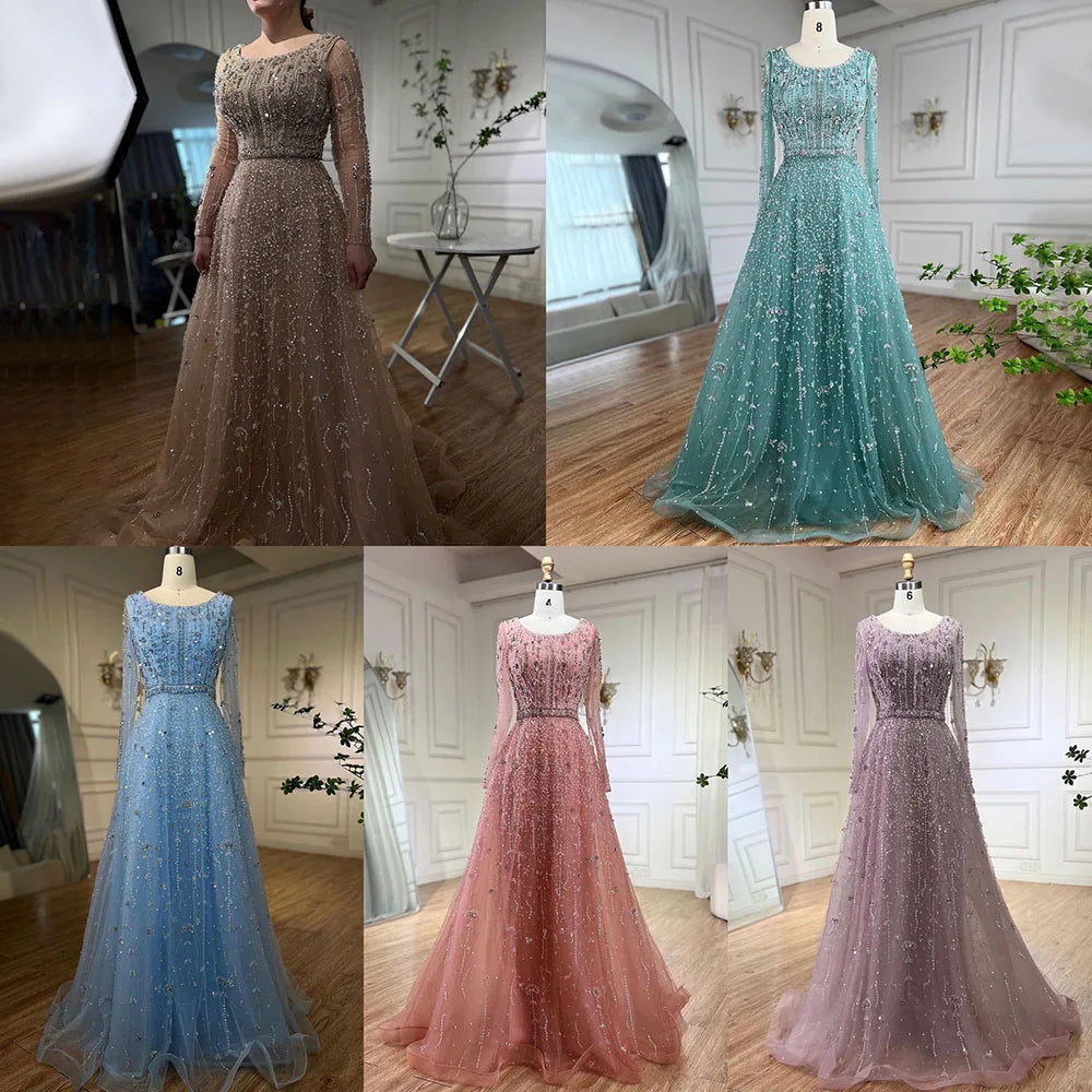 Vestidos de noche de lujo de diseñador árabe de Dubái, color nude, corte A, con cuentas, para mujer, para boda, fiesta, 2025, LA72088