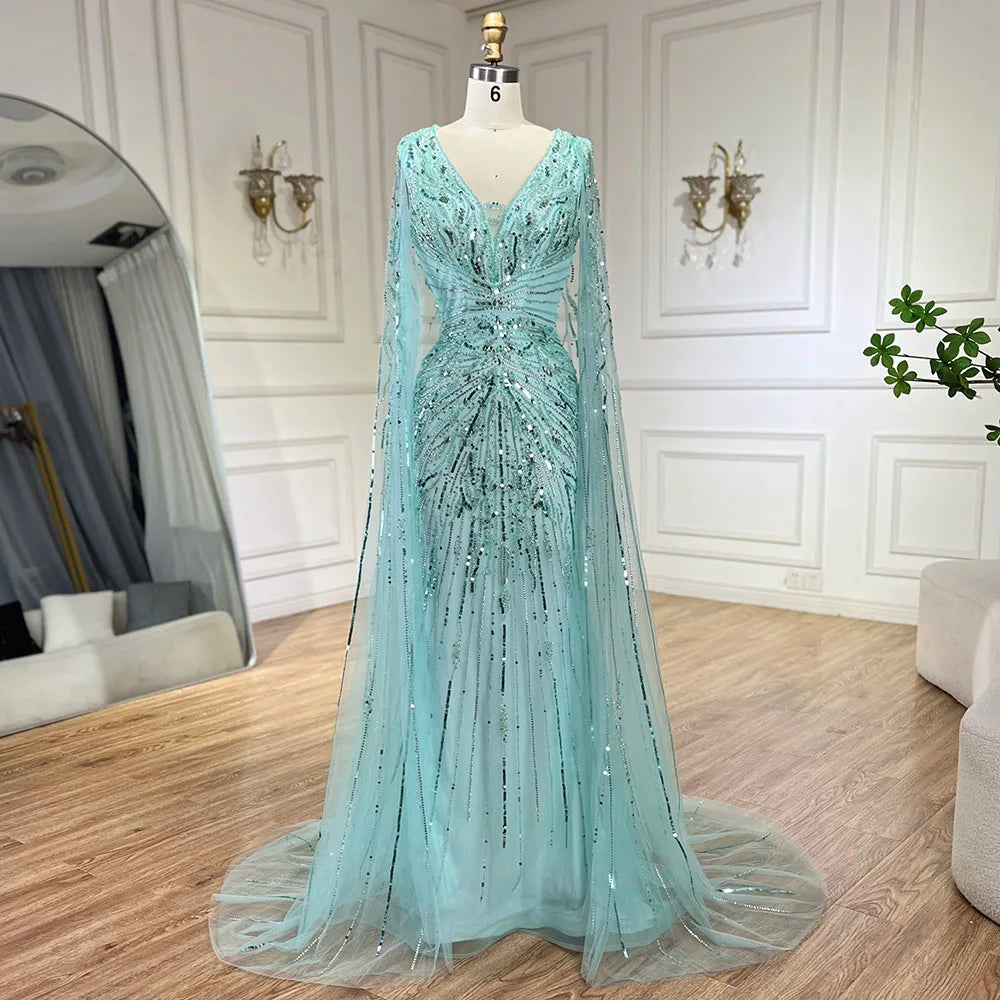 Luxuriöses Abendkleid im Meerjungfrauen-Stil aus Dubai mit Cape und V-Ausschnitt LA72239