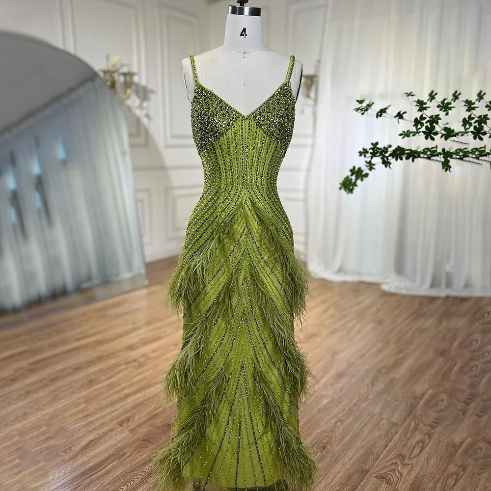 En oferta, sin devolución ni reembolso, vestido de noche de sirena con plumas de color verde amarillo, con cuentas y largo hasta el tobillo, vestidos de fiesta 2025 para mujer LA72055