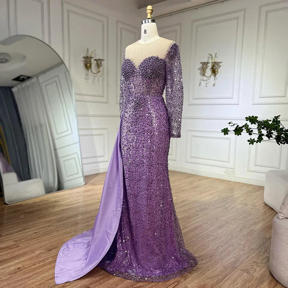 Elegante vestido de noche morado de sirena con sobrefalda y perlas de lujo para mujer, ideal para bodas y fiestas LA72429
