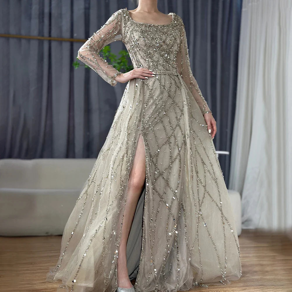 Elegante vestido de noche largo estilo sirena verde dividido con cuentas de lujo estilo Dubái 2025 para mujer, fiesta de bodas LA70765L