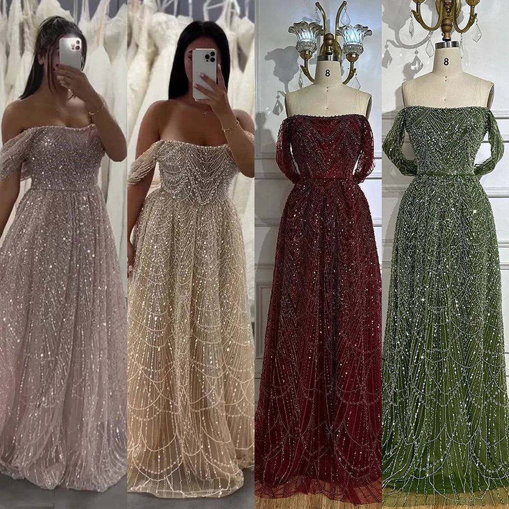 2025 Saudi Nude A Line Off Shoulder Evening Gown with Pearl Beaded Design for Formal Occasion LA72738A