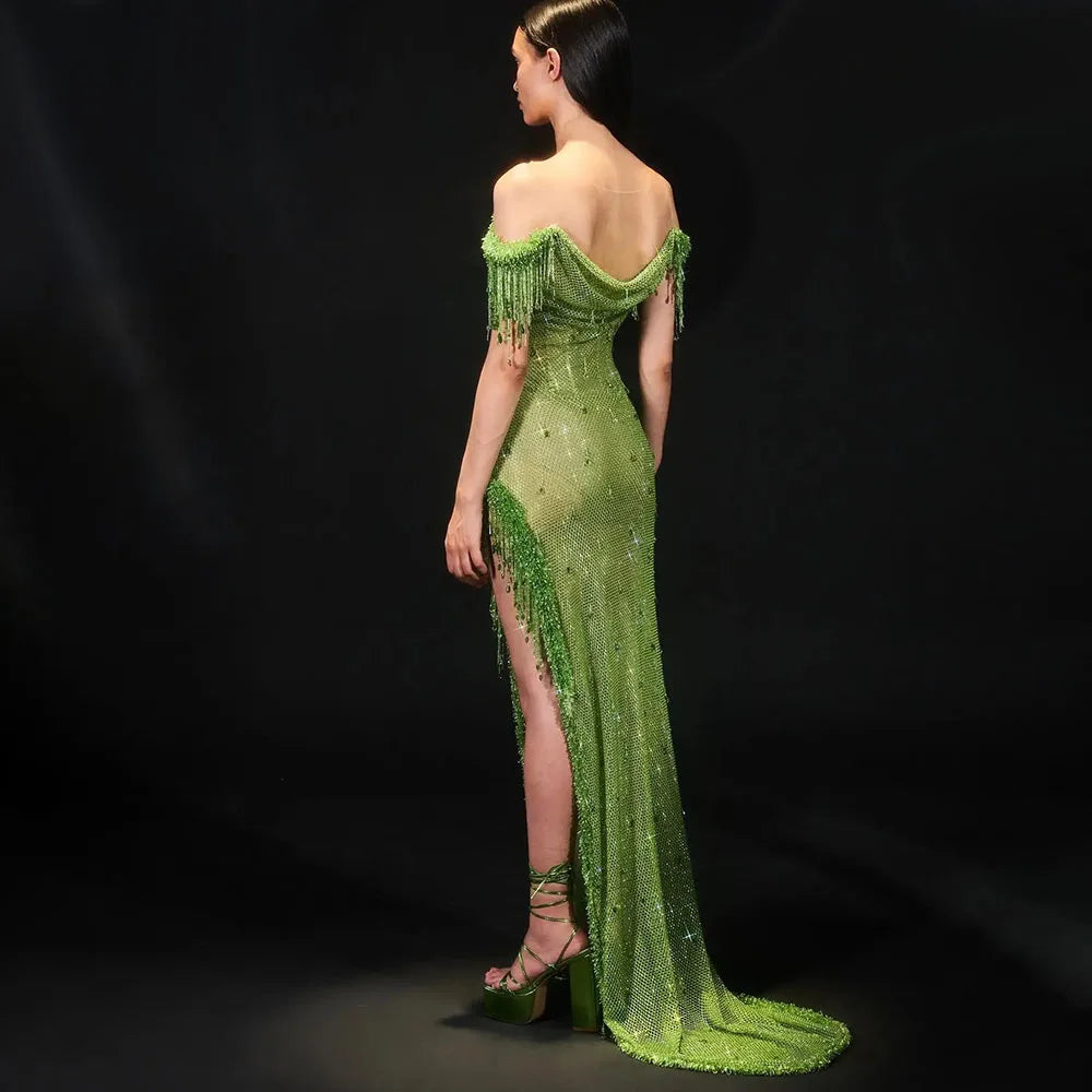 Vestido de noche árabe saudí con borlas de cristal verde, corte alto, para mujer, para fiesta de boda, 2025, LA72490