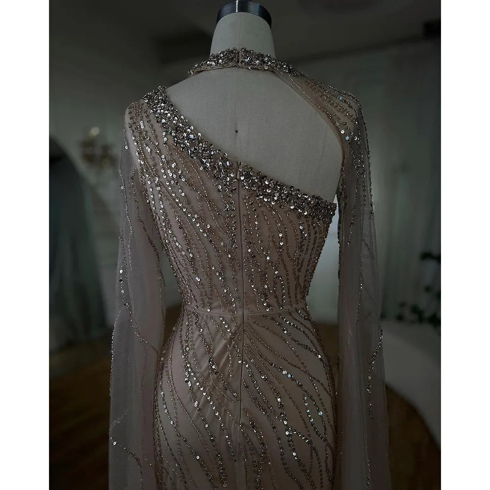 Vestido de noche elegante de sirena negra con mangas estilo capa y cuentas, de lujo, para mujer, estilo árabe, para fiesta, 2025, LA72112