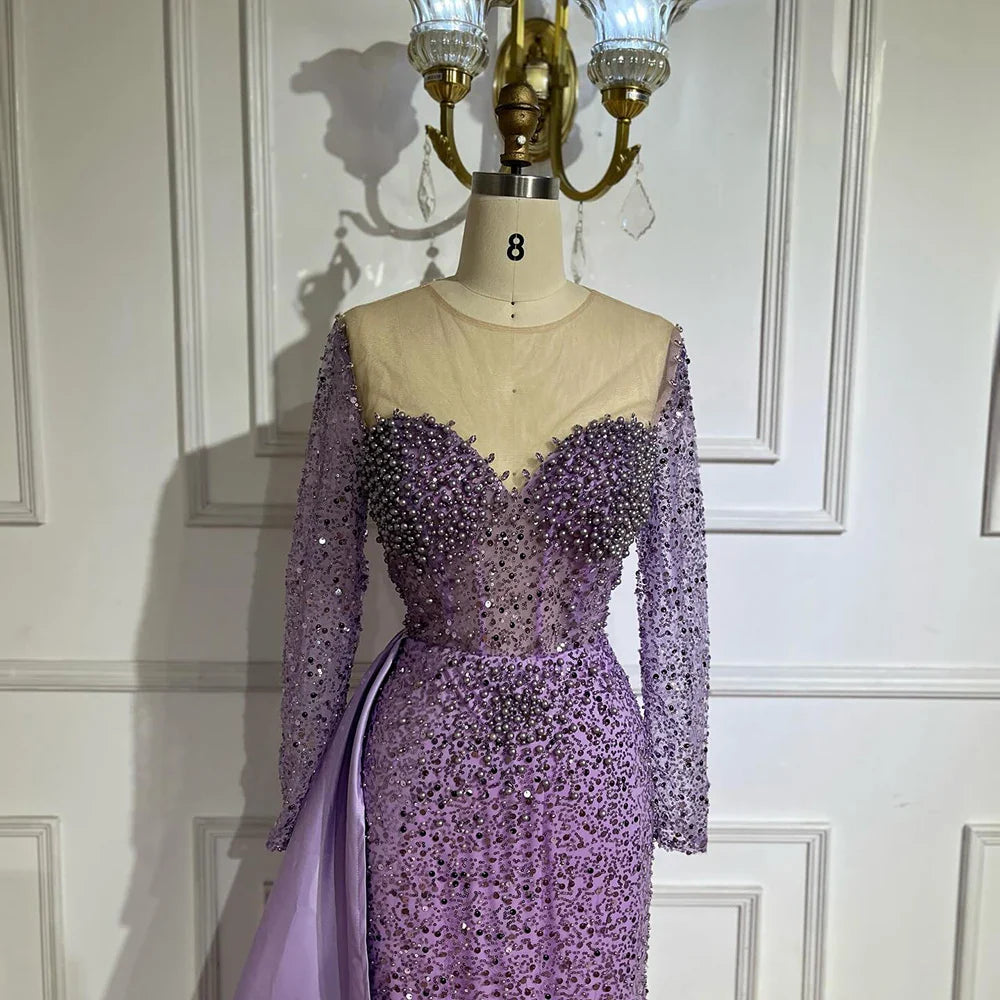 Elegante vestido de noche morado de sirena con sobrefalda y perlas de lujo para mujer, ideal para bodas y fiestas LA72429