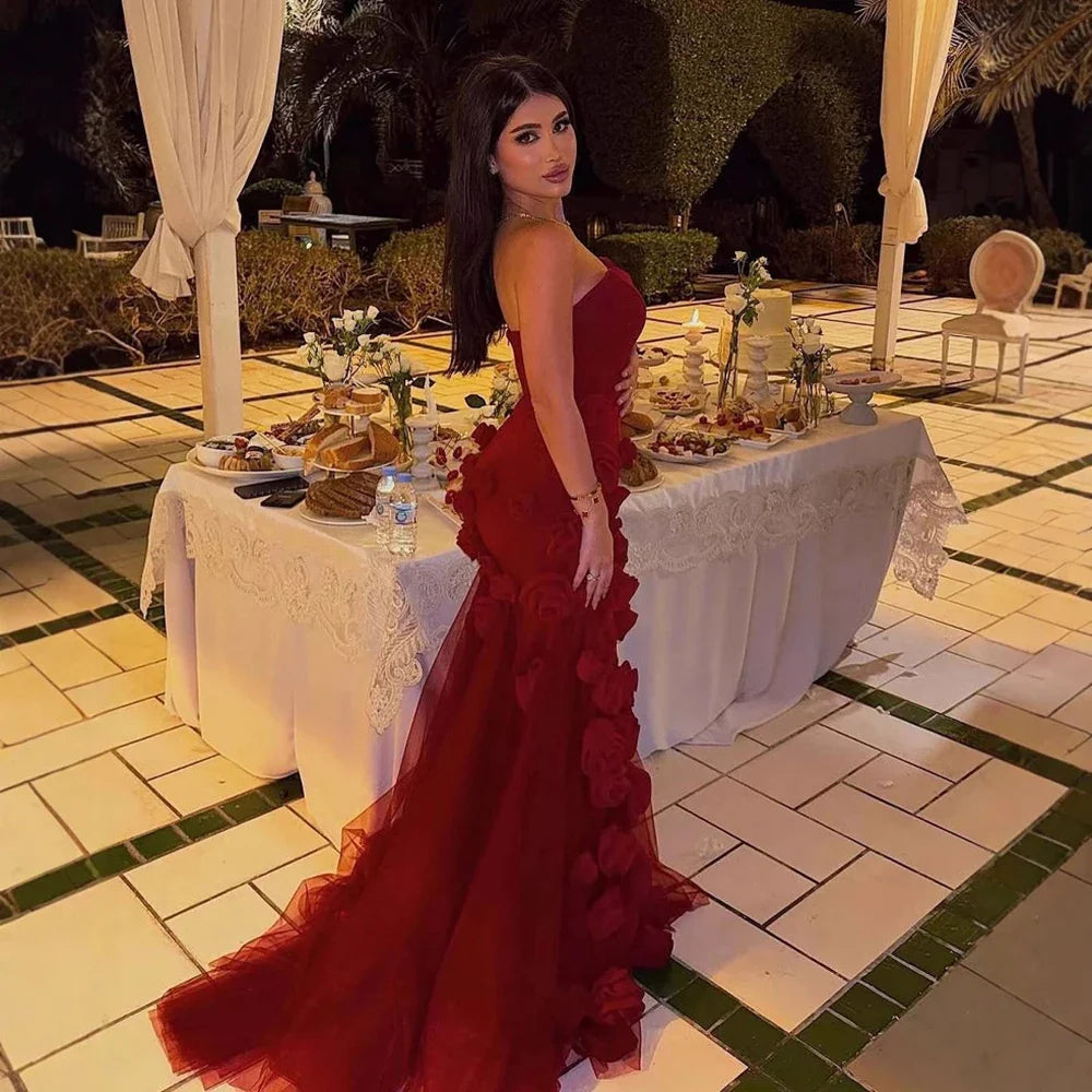 Elegantes Abendkleid für Mädchen, arabisch-rosa, 3D-Blumen, elegantes schulterfreies Kleid, seitlicher Schlitz, Abschlussball-Partykleider LA72568