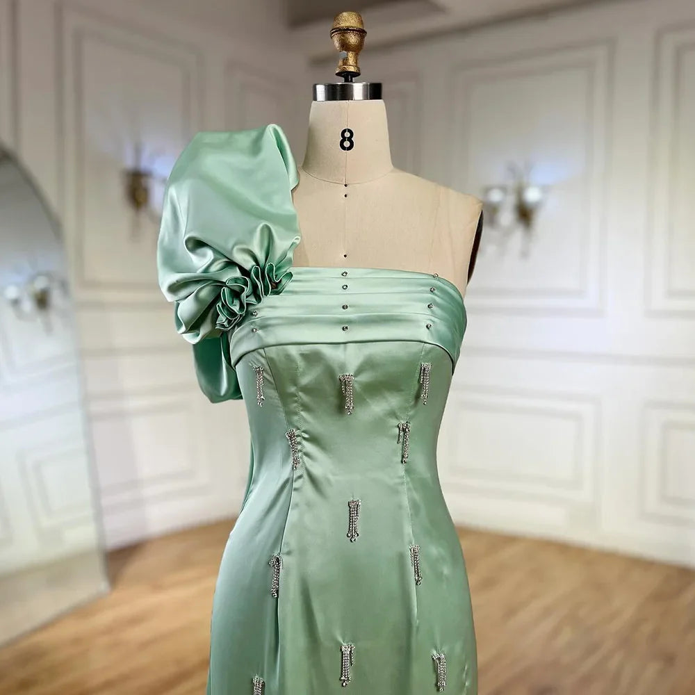 Vestido de noche árabe verde salvia de un solo hombro con capa de cristal de lujo de Dubái para fiesta de boda de mujer LA72412