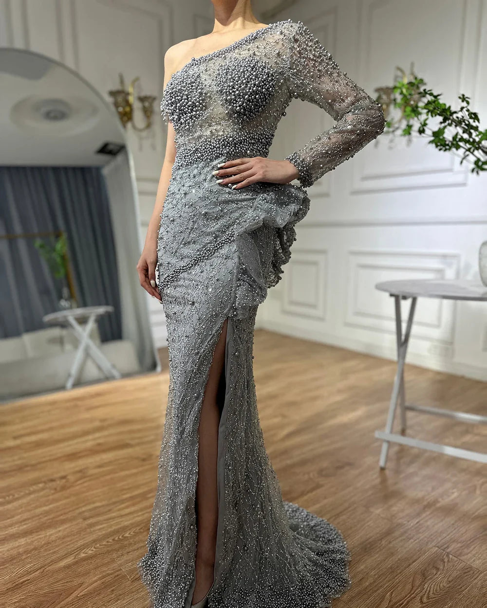 En oferta, sin devolución ni reembolso, vestido de noche gris de lujo con un solo hombro, vestido de sirena con cuentas 2025, elegante para mujer, fiesta LA71622