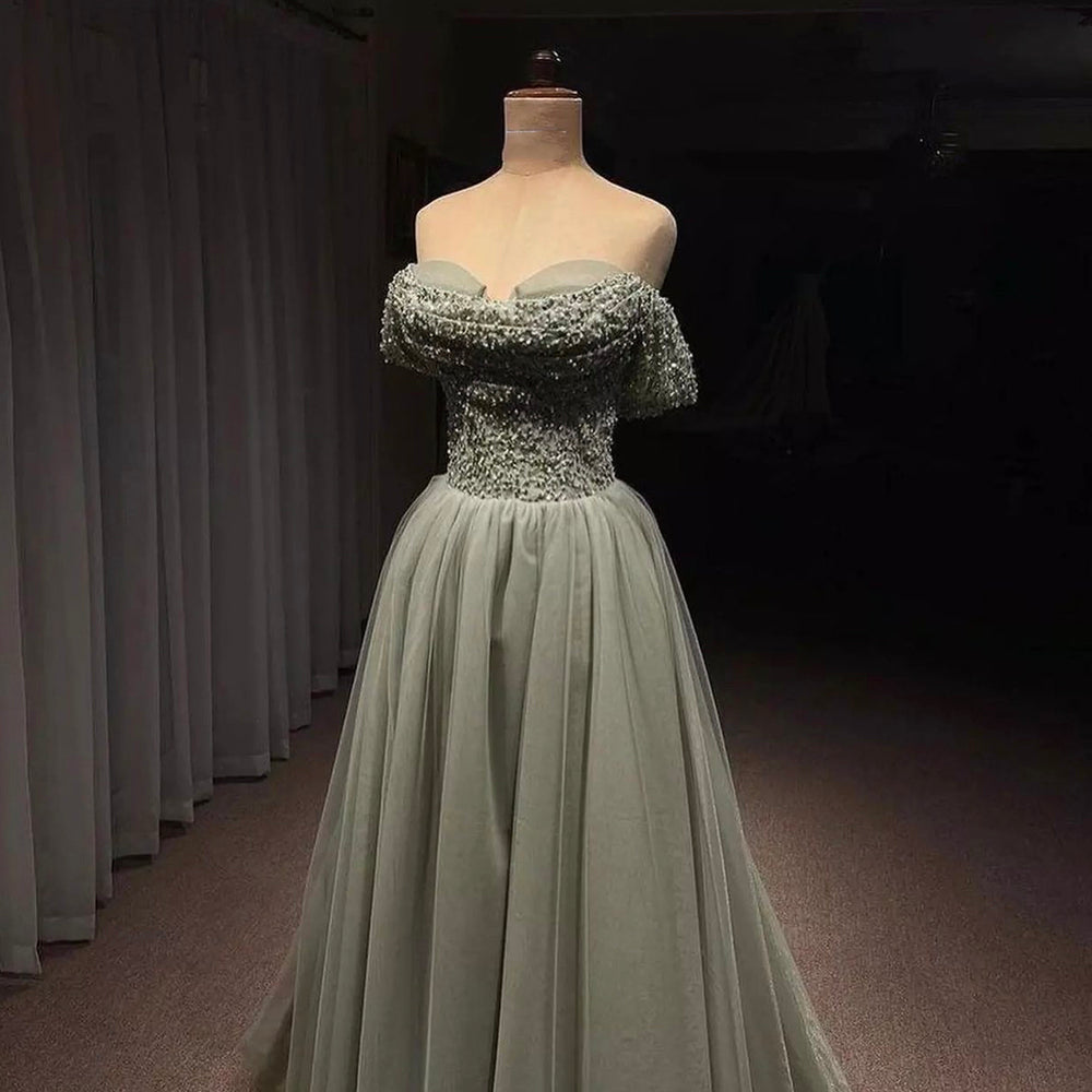 Olive Green A-Line Sweetheart Neck Evening Dresses Gowns 2025 Luxury Beaded For Woman Party LA71681