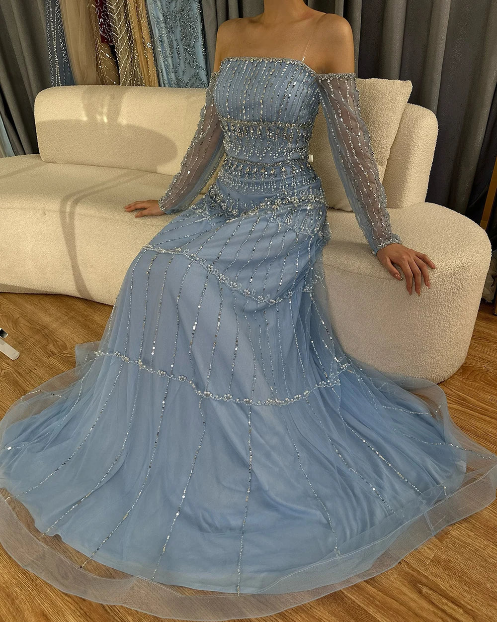 Vestido de noche de lujo estilo sirena, verde salvia, árabe, de Dubái, sin tirantes y con cuentas, para mujer, para boda 2025, LA72350