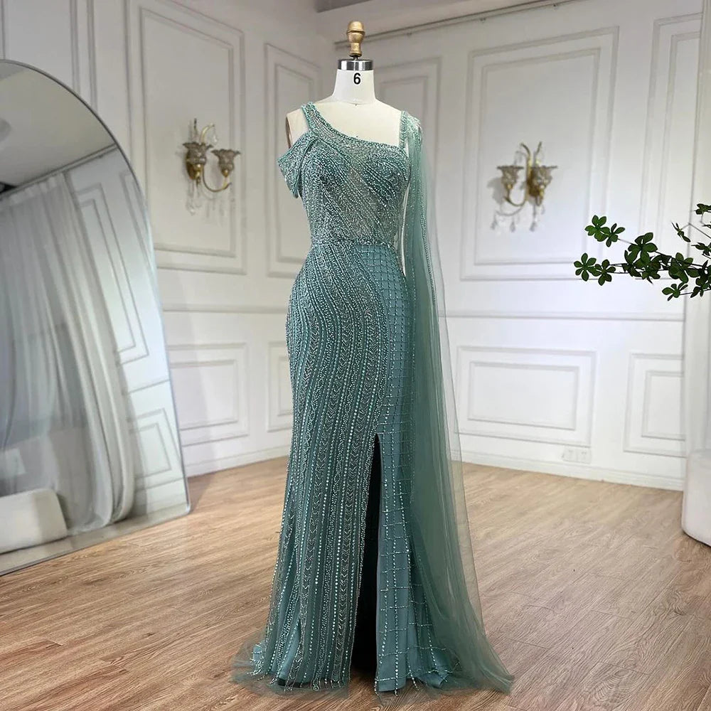 Vestido de noche de lujo estilo sirena con cuentas y capa larga negra árabe de Dubái para mujer, ideal para bodas 2025 LA72296
