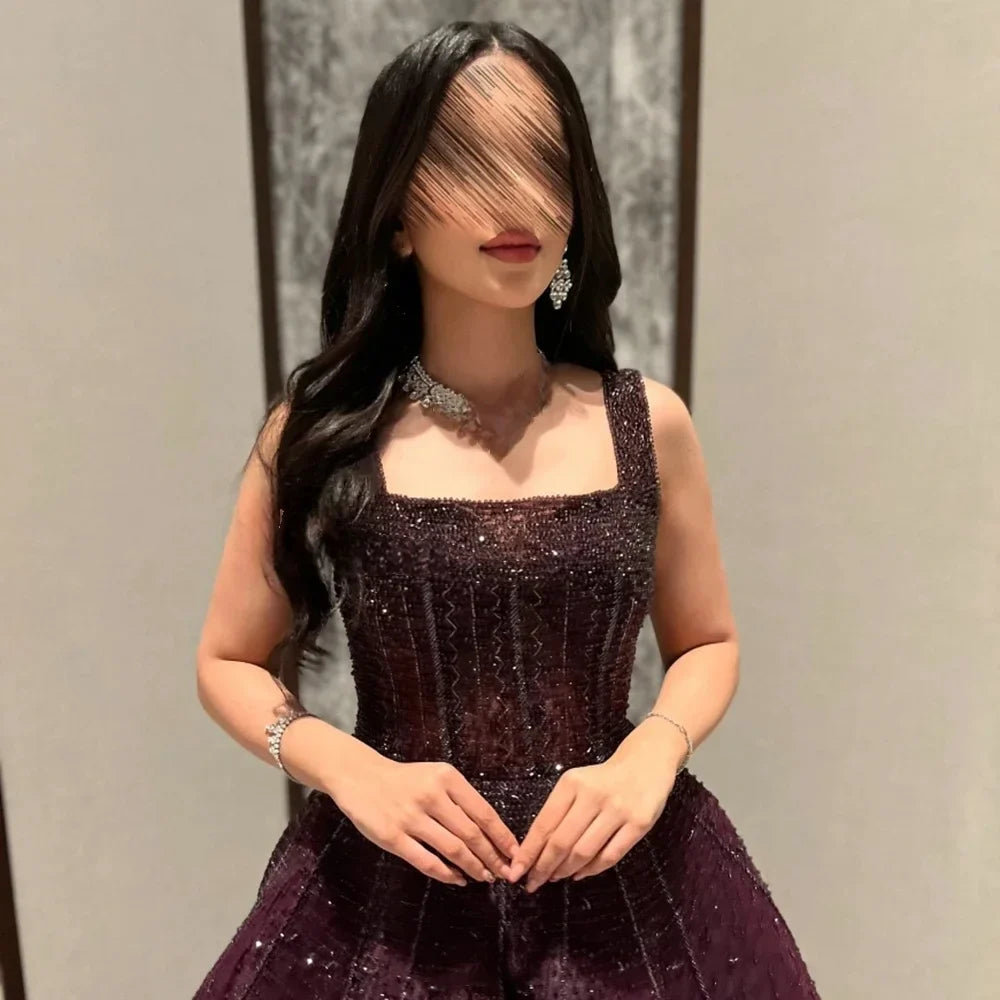 Vestido de noche morado de lujo cuadrado para fiesta LA72857