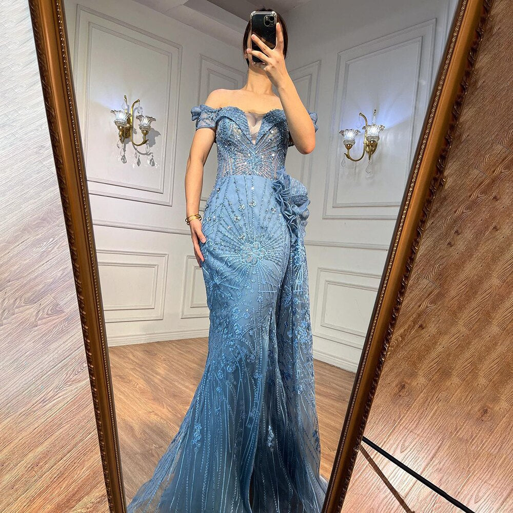 Vestido de noche formal con encaje de sirena azul y cuentas, con sobrefalda o para fiesta de boda, LA72042