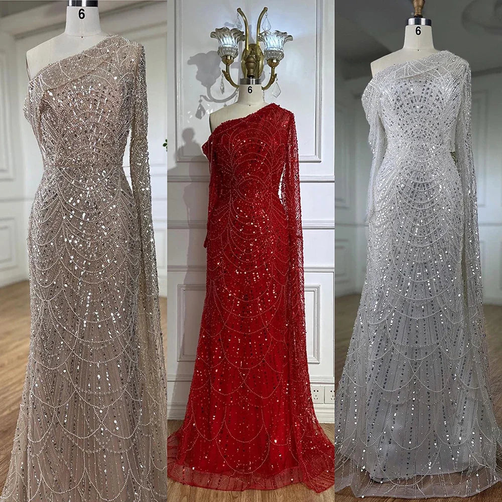 Vestido de noche de lujo con cuentas y perlas, corte sirena, un hombro, LA72139