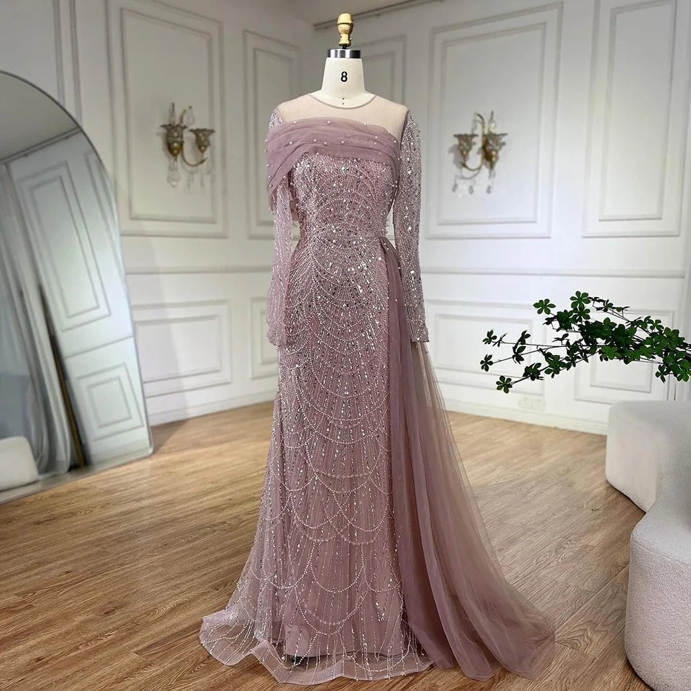 Vestidos de noche de lujo estilo sirena con sobrefalda color nude de Dubái Arabia, 2025, para mujer, para boda, fiesta, LA72254A