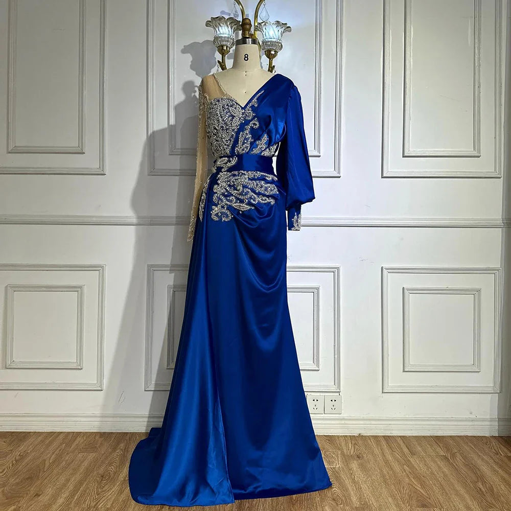 Vestidos de noche de satén verde sirena 2025, musulmanes, elegantes, con cuentas, de lujo, para mujer, fiesta, LA71370