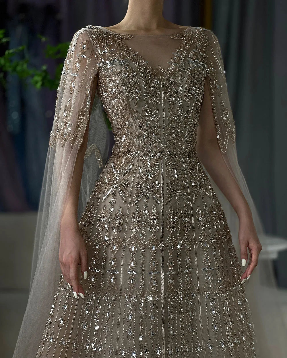Luxuriöses blaues Abendkleid mit Cape-Ärmeln LA72666