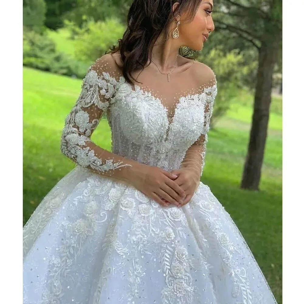 Princess Ball Gown Wedding Dresses 2023 O Neck Long Sleeves Vestido Casamento Lace Up Appliqus Beaded Bride Gowns Suknie Slubne-payinti