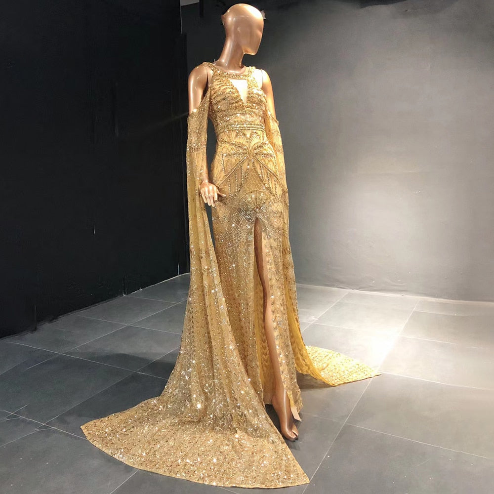Gold Meerjungfrau Elegante High Split Abendkleider Kleider 2025 Perlen Luxus Cape Sleeve Für Frauen Party LA71503