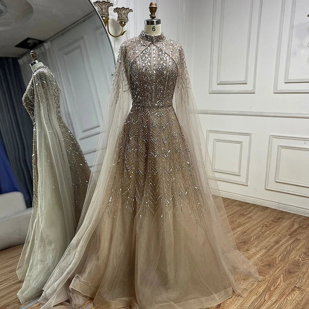 Vestido de noche azul con cuentas, corte A y mangas estilo capa LA72728