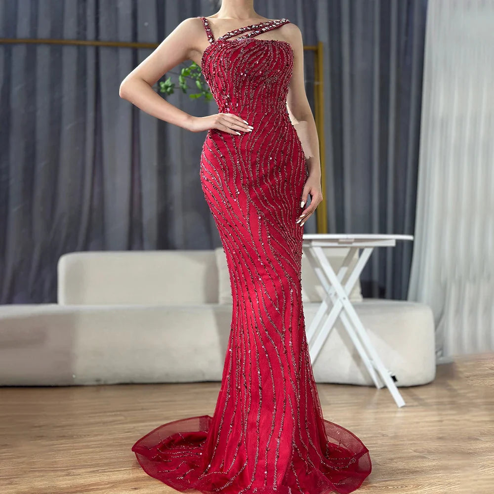 Vestido de noche elegante de sirena con un solo hombro, con cuentas y rojo de lujo para mujer, para fiesta de boda 2025 LA72340