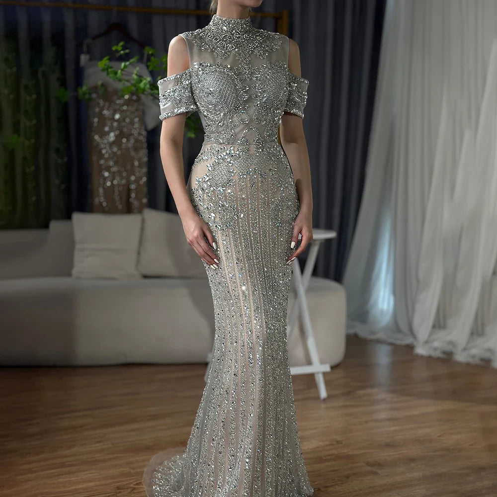 2025 Arabic Silver Nude Mermaid Beaded Crystal Luxury Dubai Evening Dresses Gowns for Women Wedding Party LA72411