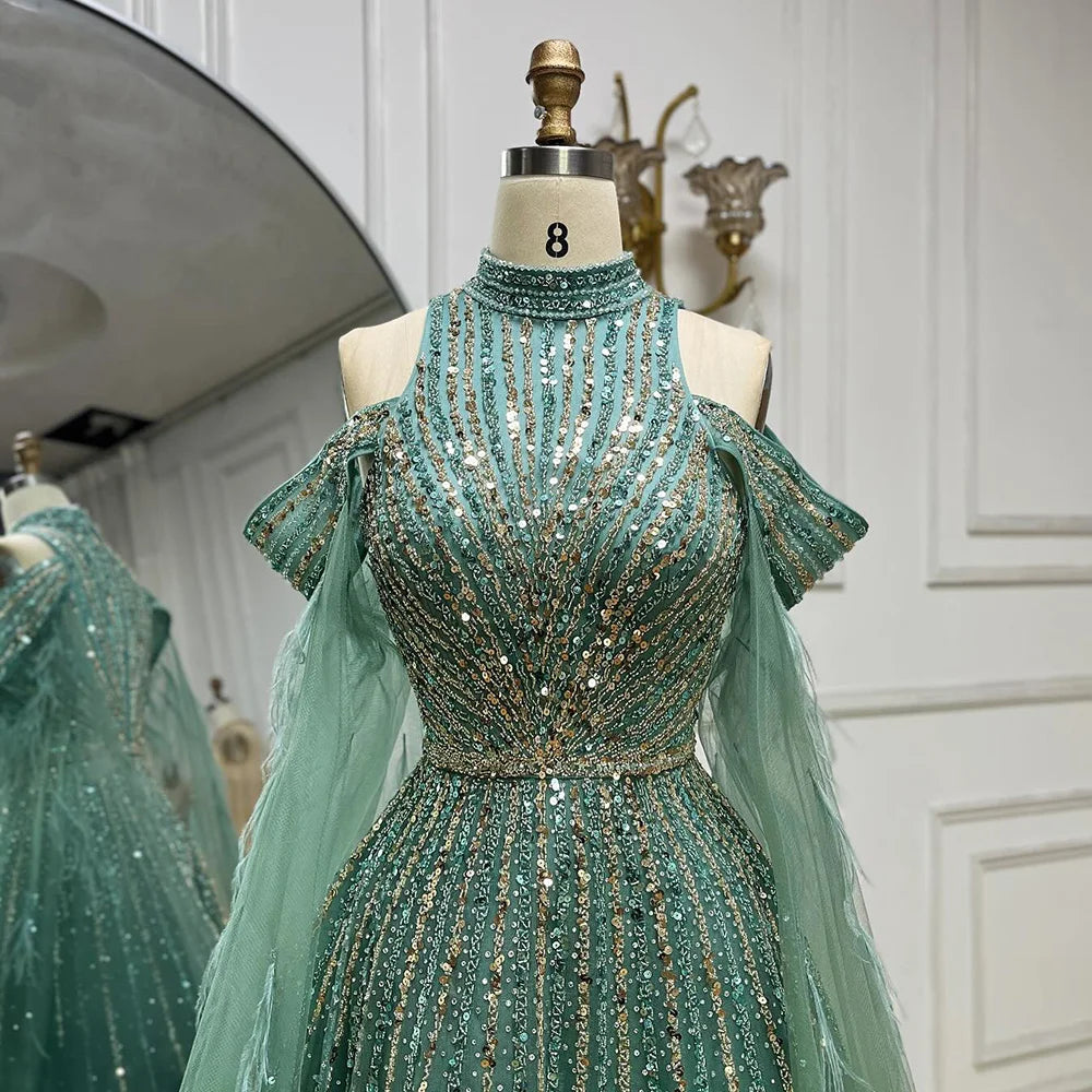 2025 Arabic Turquoise Cape Sleeves A-Line Beaded Feathers Long Evening Gowns for Women Wedding Party LA72644