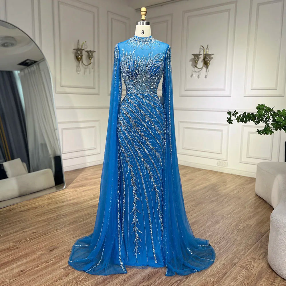 Luxuriöses Abendkleid im Meerjungfrauen-Stil in Schwarz mit Cape-Ärmeln LA71885A