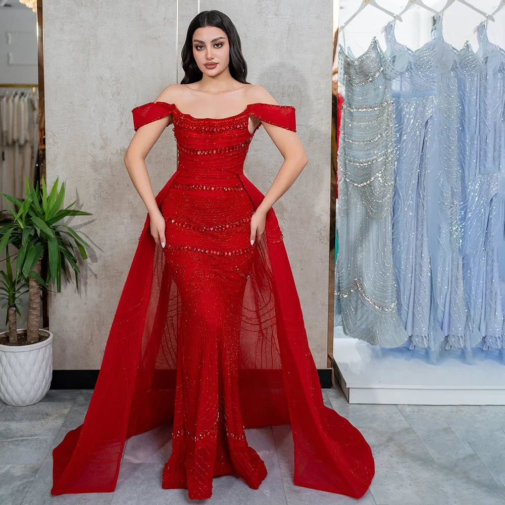 2025 Arabic Pink Mermaid Beaded Evening Gown with Detachable Satin Overskirt for Formal Occasion LA72781