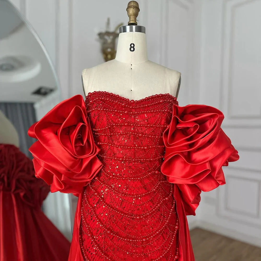 Vestido de noche largo estilo sirena con perlas y capa roja, ideal para ocasiones formales (2025, LA72585A)