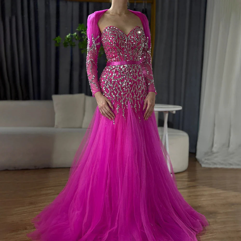 En oferta, sin devolución ni reembolso, vestido de noche árabe sexy fucsia de corte A con mangas largas y cuentas de lujo para mujer, fiesta 2025 LA71810