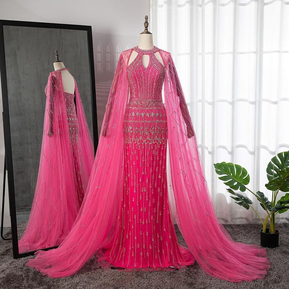 Luxuriöses Dubai Meerjungfrau-Abendkleid in Fuchsia mit Cape-Ärmeln LA71817