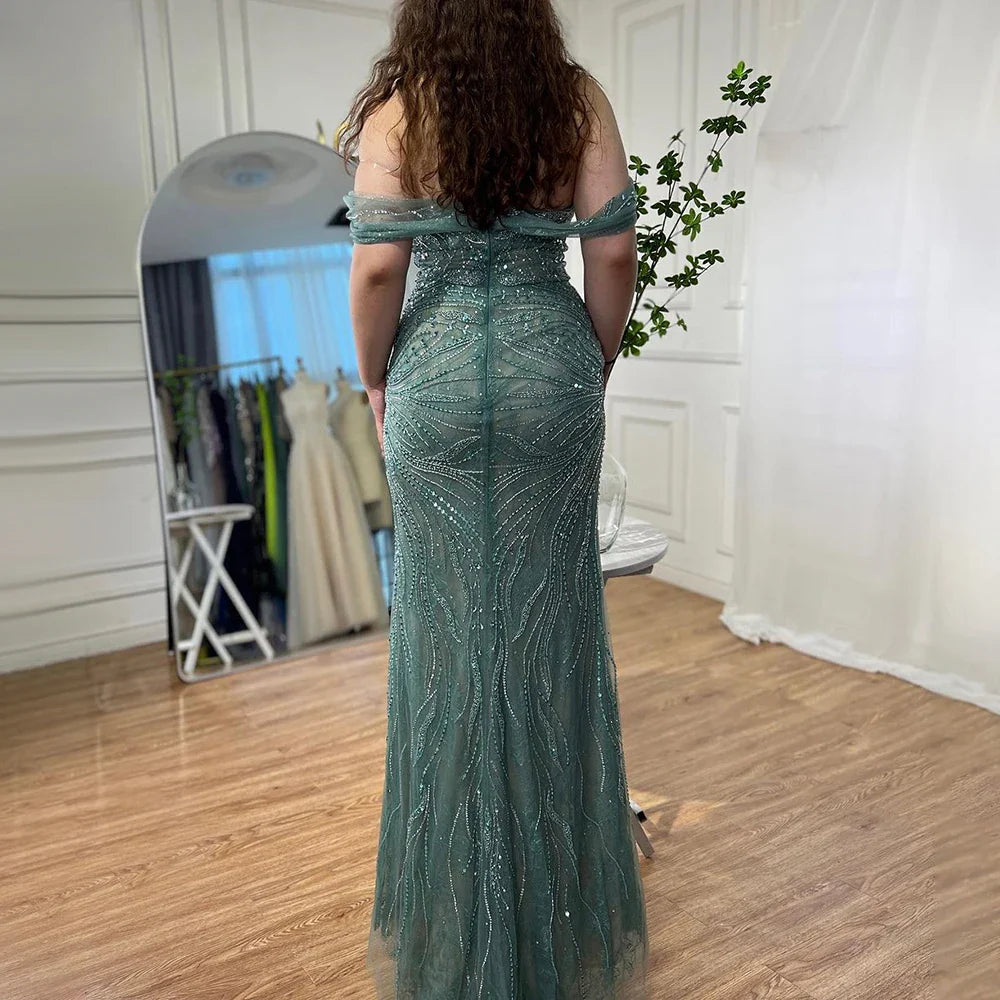 Vestidos de noche de sirena de lujo verde 2025, mangas casquillo, con cuentas, elegantes para mujer, fiesta LA71438